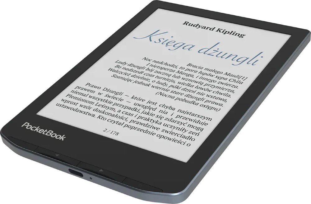 Czytnik e-booków POCKETBOOK Verse Pro Color Zbliżenie pod kątem na czytnik e-booków ze stroną tytułową i tekstem książki 'Księga dżungli' autorstwa Rudyarda Kiplinga, audio, Bluetooth