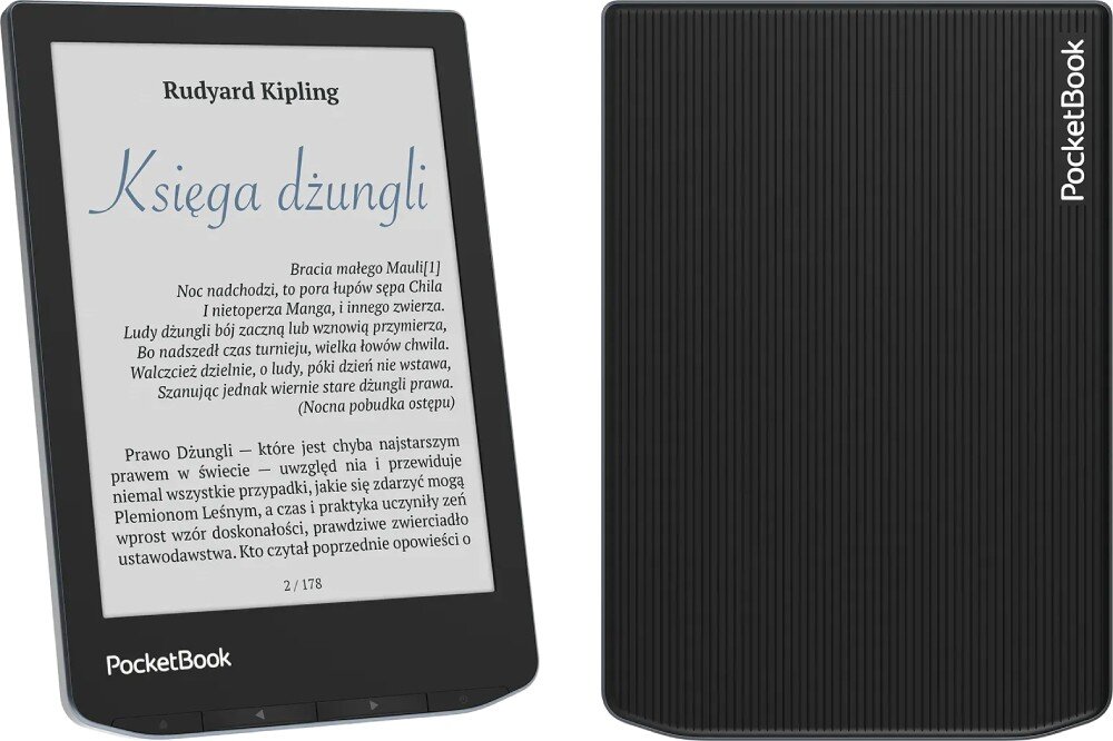 Czytnik e-booków POCKETBOOK Verse Pro Color Dwa czytniki e-booków pokazane od przodu i tyłu. Przedni wyświetla 'Księga dżungli'. Tylny ma teksturowaną obudowę i logo marki, wodoodporność, szczelność