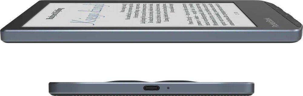 Czytnik e-booków POCKETBOOK Verse Pro Color Składanka dwóch widoków czytnika. Górny to rzut pod kątem pokazujący smukłość. Dolny to rzut z dołu z portem USB-C i otworem mikrofonu, łączność Wi-Fi, aplikacje, przesyłanie plików