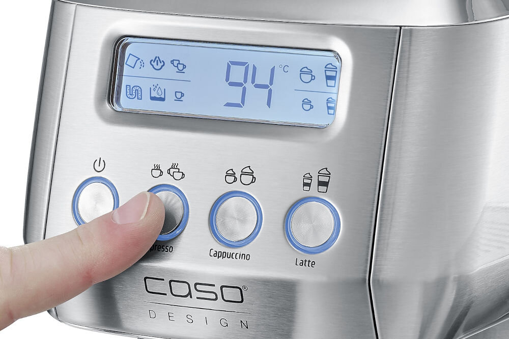 Ekspres CASO Espresso Gourmet Latte czytelny intuicyjny panel sterowania LCD ułatwienie obsługi menu łatwe dostosowanie parametrów parzenia pełna kontrola prosta obsługa dla początkującyh użytkowników w codziennym użytkowaniu