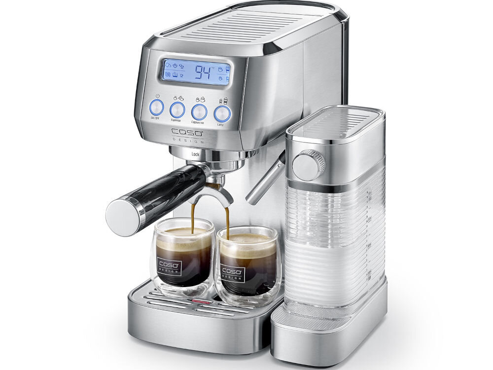 Ekspres CASO Espresso Gourmet Latte elegancki stylowy ozdoba kazdej kuchni wysoka jakośc stali nierdzewnej pięknie wygląda trwały łatwy do utrzymania w czystosci minimalistyczne linie srebrny kolor profesjonalny charakter