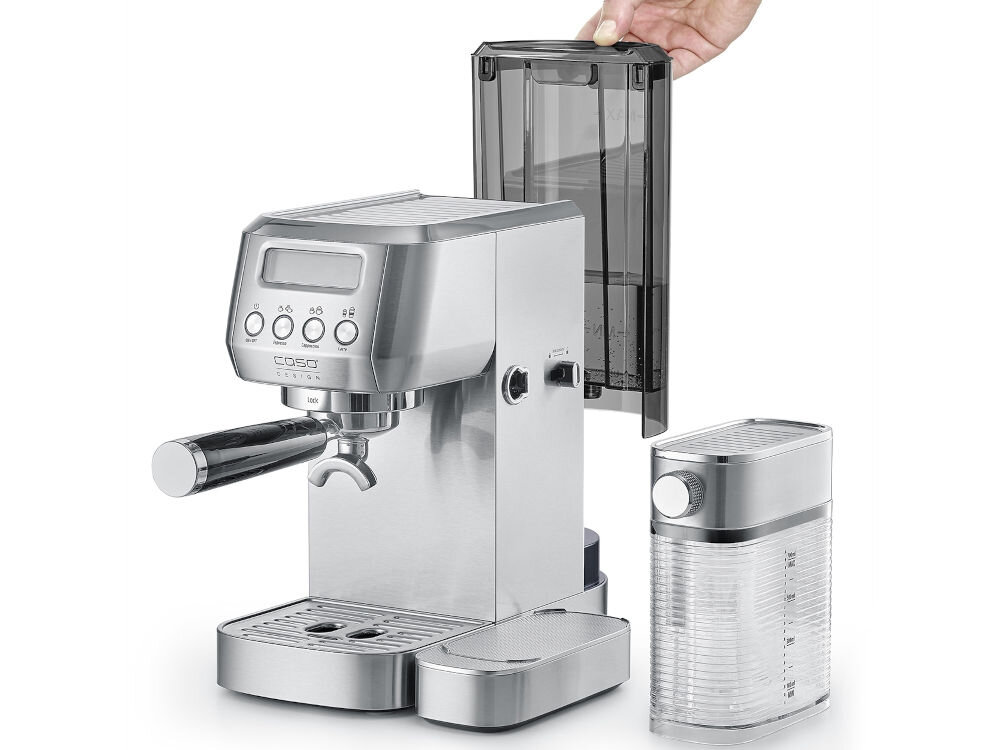 Ekspres CASO Espresso Gourmet Latte funkcja automatycznego czyszczenia i odkamieniania ułatwienie użytkowania wyjmowane elementy pojemnik na mleko i wodę proste do utrzymania w czystości długa żywotność urządzenia stała jakość przyrządzanej kawy