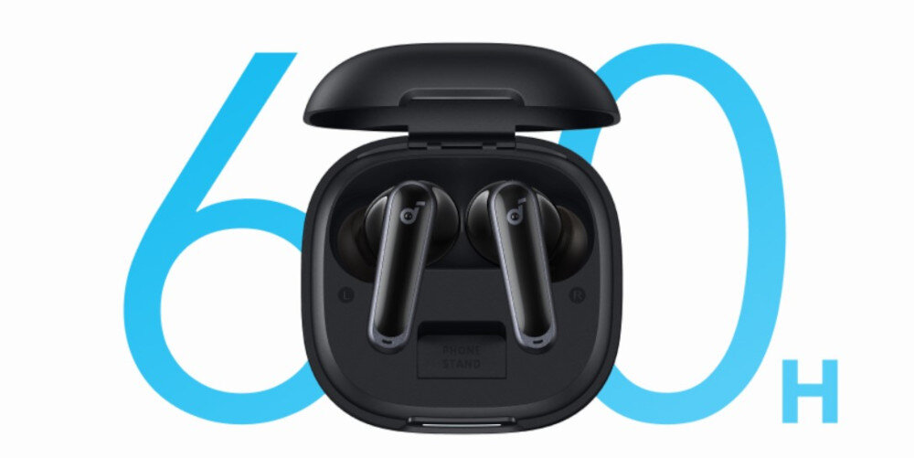 Słuchawki dokanałowe SOUNDCORE P40i ANC długa bateria odtwarzanie wielodniowe, słuchawki dokanałowe w etui ładującym na białym tle , logo 60 h