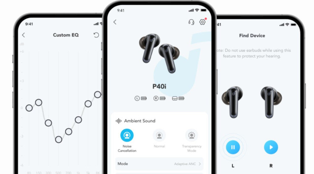 Słuchawki dokanałowe SOUNDCORE P40i ANC aplikacja EQ personalizacja sterowanie, trzy smartfony na białym tle