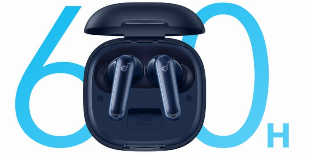 Słuchawki dokanałowe SOUNDCORE P40i ANC długa bateria odtwarzanie wielodniowe, słuchawki dokanałowe w etui ładującym na białym tle , logo 60 h