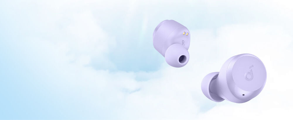 Słuchawki dokanałowe SOUNDCORE A25i lekkie ergonomiczne komfortowe dopasowanie, słuchawki dokanałowe na błękitno białym tle