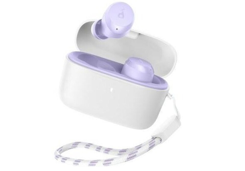 Słuchawki dokanałowe SOUNDCORE A25i tryb pojedynczej słuchawki praca rozmowy, słuchawki dokanałowe z etui ładującym po skosie na białym tle