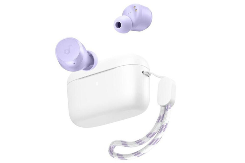 Słuchawki dokanałowe SOUNDCORE A25i wodoodporność IPX5 trwałość dynamiczne membrany, słuchawki dokanałowe z etui ładującym po skosie na białym tle