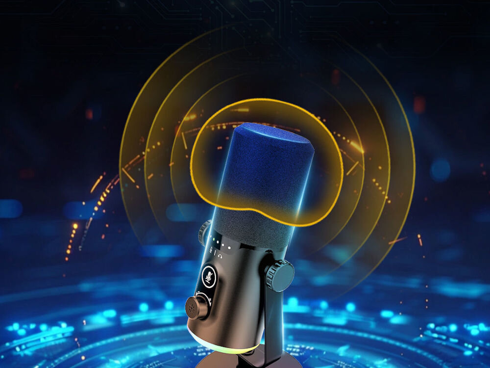 Mikrofon MOZOS TAM8 Studyjny mikrofon Mozos z czarną pianką, ustawiony pod kątem, wizualizowany na tle niebieskiego cyfrowego wzoru. Żółte okręgi pokazują obszar rejestrowania dźwięku. Mikrofon posiada pokrętła do sterowania oraz ikonę wyciszenia na obudowie.