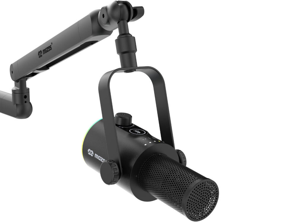 Mikrofon MOZOS TAM8 Mikrofon Mozos TAM8 na ramieniu z odkręconą pianką, widoczny czarny korpus z logo i perforowaną końcówką zbierającą dźwięk. Tło białe umożliwia prezentację szczegółów technicznych urządzenia