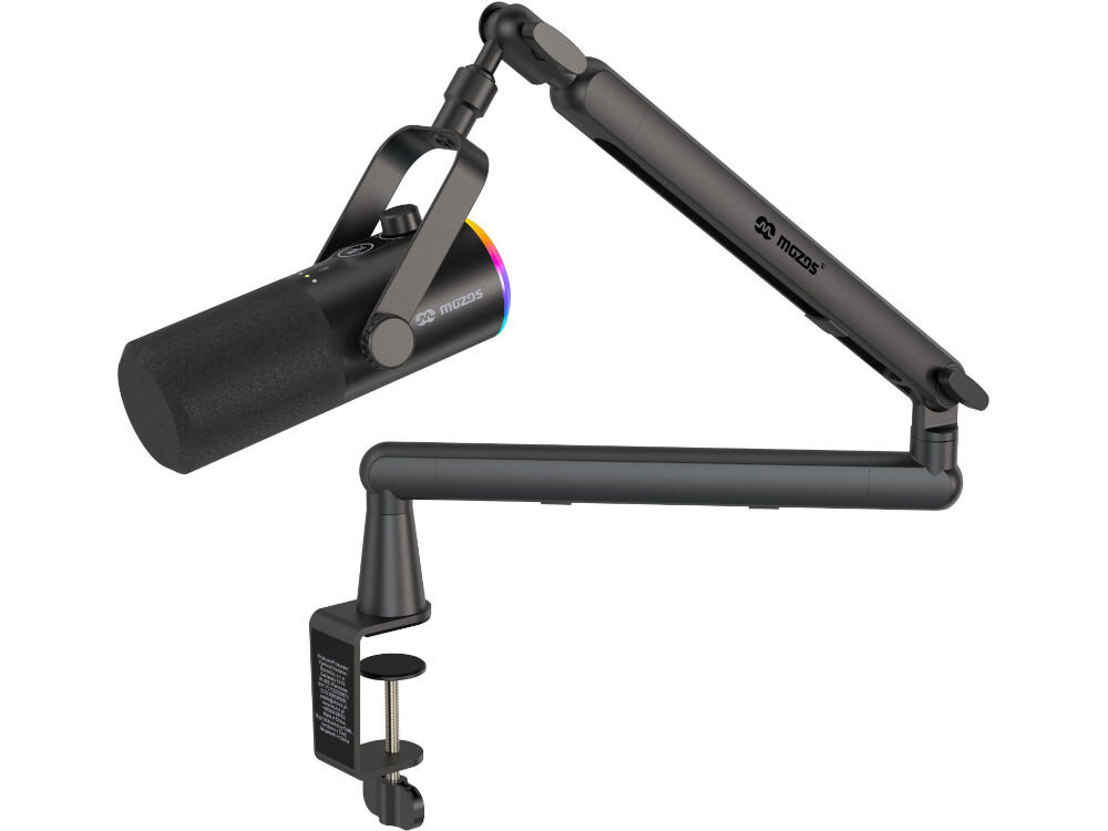 Mikrofon MOZOS TAM8 Mikrofon Mozos TAM8 z czarną pianką, zamocowany na solidnym ramieniu biurkowym. Widoczny zacisk montażowy, stalowe przeguby i logo producenta na obudowie. Całość prezentowana na białym tle