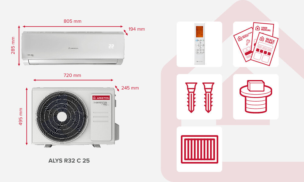Klimatyzator Split, Pompa ciepła powietrze - powietrze ARISTON Alys C-25 z usługą montażu zestaw akcesoria komplet wyposazenie