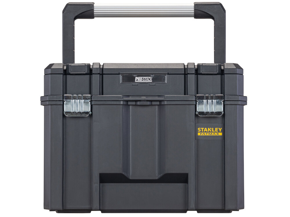 Skrzynka narzędziowa STANLEY Fatmax TSTAK FMST1-75796 skrzynka na białym tle widoczna od przodu obudowa z tworzywa sztucznego odporna na uszkodzenia mechaniczne i działanie czynników zewnętrznych metalowe zatrzask i zawiasy trwałość pewne zamykanie udźwig do 7,5 kg bezpieczne w użytkowanie