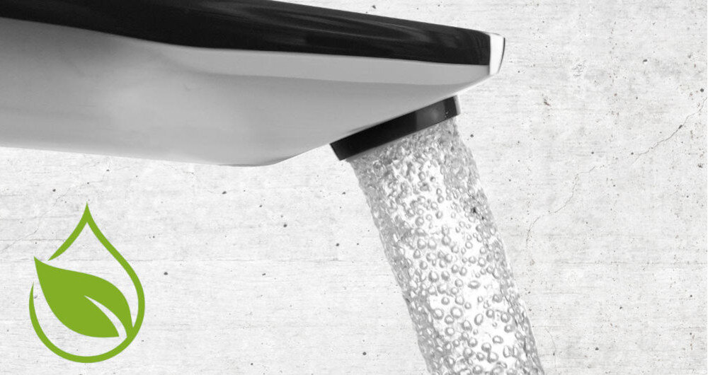 BATERIA KUCHENNA DEANTE Eridan BRE N75M wizualizacja szare tło strumień woda powietrze bąbelki zielony liść ikona aerator strumień miękki Napowietrzanie powietrze woda oszczędność dbanie o środowisko