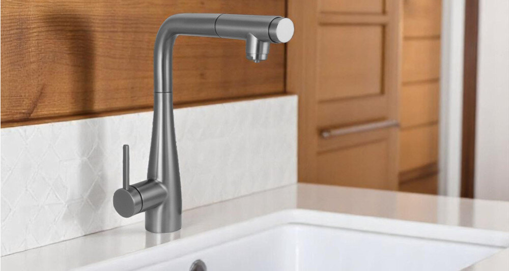 BATERIA KUCHENNA DEANTE Eridan BRE R75M zdjęcie lifestyle kuchnia blat zlewozmywak stal wykończenie trwałość estetyka wygląd dodatek do kuchni funkcjonalność wygląd kolor czarny chrom