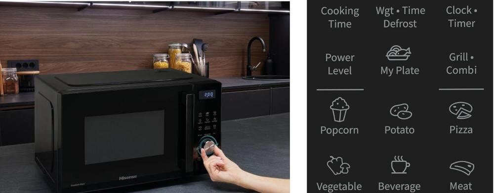 HISENSE H23MOBSD1HG kuchenka mikrofalowa panel sterowanie pokrętło programy automatyczne ziemniaki makaron pizza popcorn warzywa napoje mięso odgrzewanie eco ryba