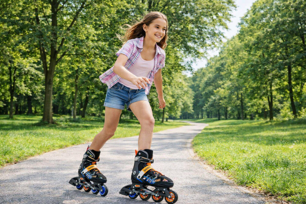 Łyżworolki NILS EXTREME Brave NH18190A 2w1 (rozmiar 39-43) Czarno-pomarańczowy park droga dziecko w łyżworolkach jedzie po asfalcie w tle drzewa niebo całoroczna aktywność do jazdy latem i zimą hobby pasja