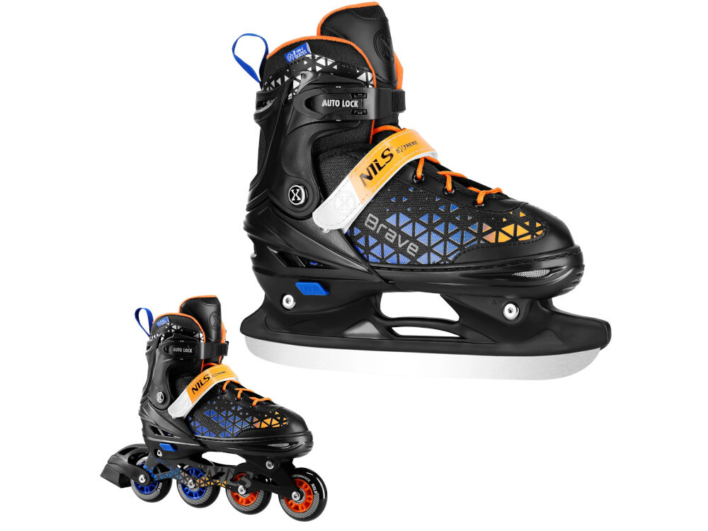 Łyżworolki NILS EXTREME Brave NH18190A 2w1 (rozmiar 39-43) Czarno-pomarańczowy białe tło jedna łyżworolka w dwóch ujęciach z kółkami i z płozą łyżwy łyżworolki 2w1 możliwość szybkiej zmiany płozy rolkowej na płozę łyżwy jazda latem po asfalcie zimą na lodzie regularna aktywność fizyczna bez konieczności inwestowania w dwa osobne produkty