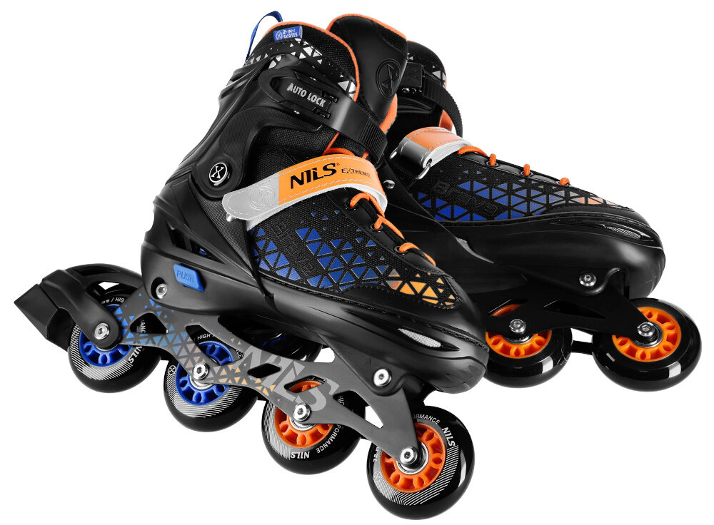 Łyżworolki NILS EXTREME Brave NH18190A 2w1 (rozmiar 39-43) Czarno-pomarańczowy para łyżworolek na białym tle jedna łyżworolka leży delikatnie na drugiej możliwość regulacji długości wkładki w zakresie 24,5-2 cm można dopasować rozmiar do rosnącej stopy wygoda lepsze przenoszenie siły większa kontrola nad jazdą w rozmiarze 39-43