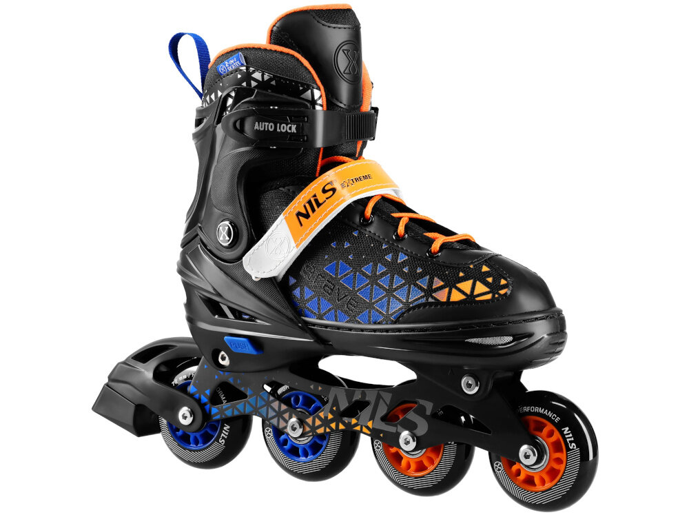 Łyżworolki NILS EXTREME Brave NH18190A 2w1 (rozmiar 39-43) Czarno-pomarańczowy łyżworolka na białym tle widoczna od przodu pod skosem Cholewka wykonana z półmiękkiego polipropylenu solidne podparcie stopy pomaga utrzymać prawidłową pozycję nogi lepsza kontrola ruchów większe poczucie bezpieczeństw
