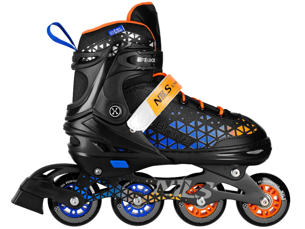 Łyżworolki NILS EXTREME Brave NH18190A 2w1 (rozmiar 39-43) Czarno-pomarańczowy łyżworolka na białym tle widoczna z boku profilowana wkładka z lekkiego materiału EVA wysoki komfort użytkowania skuteczniej amortyzuje wstrząsy zmniejsza zmęczenie stóp i poprawia stabilność