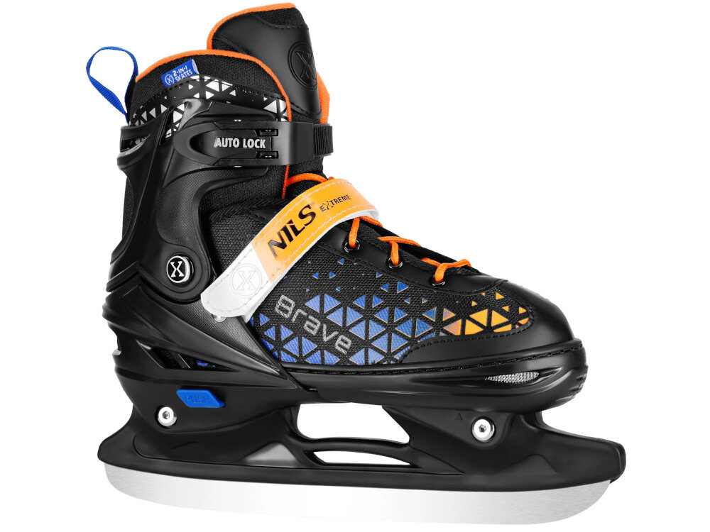Łyżworolki NILS EXTREME Brave NH18190A 2w1 (rozmiar 39-43) Czarno-pomarańczowy łyżworolka na białym tle widoczna od przodu pod skosem założona płoza klasyczna płoza łyżwy wykonana ze stali nierdzewnej sprzęt do zimowych warunków stal nierdzewna umożliwia płynny ślizg odporność na korozję