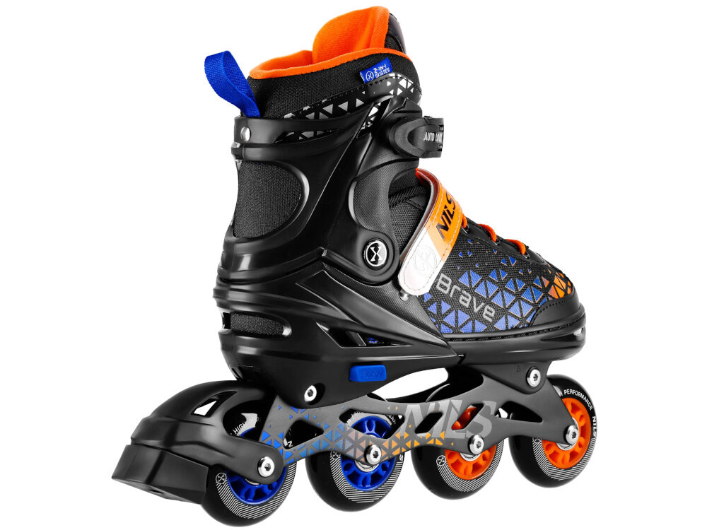Łyżworolki NILS EXTREME Brave NH18190A 2w1 (rozmiar 39-43) Czarno-pomarańczowy łyżworolka na białym tle widoczna od tyłu pod skosem układ kółek PU o twardości 82A i rozmiarze 72 mm łożyska ABEC-7 stabilna dynamiczna jazda ułatwia utrzymanie równowagi wpływa na płynność toczenia sprawnie reagować na zmiany kierunku