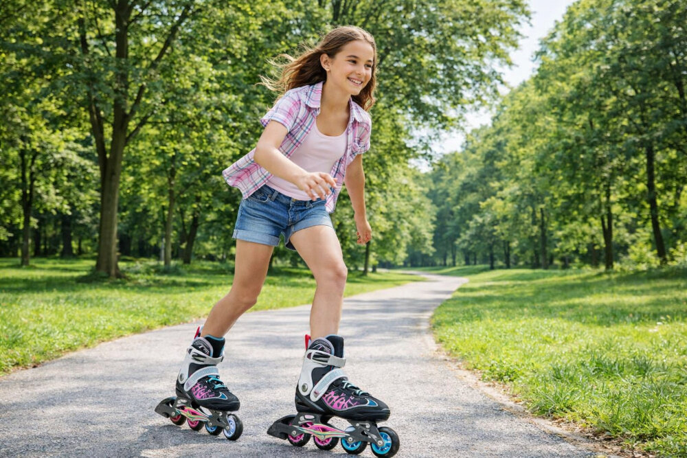 Łyżworolki NILS EXTREME Brave NH18190A 2w1 (rozmiar 29-33) Czarno-różowy park droga dziecko w łyżworolkach jedzie po asfalcie w tle drzewa niebo całoroczna aktywność do jazdy latem i zimą hobby pasja