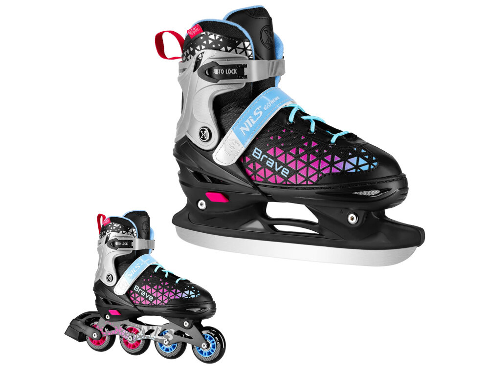 Łyżworolki NILS EXTREME Brave NH18190A 2w1 (rozmiar 29-33) Czarno-różowy białe tło jedna łyżworolka w dwóch ujęciach z kółkami i z płozą łyżwy łyżworolki 2w1 możliwość szybkiej zmiany płozy rolkowej na płozę łyżwy jazda latem po asfalcie zimą na lodzie regularna aktywność fizyczna bez konieczności inwestowania w dwa osobne produkty