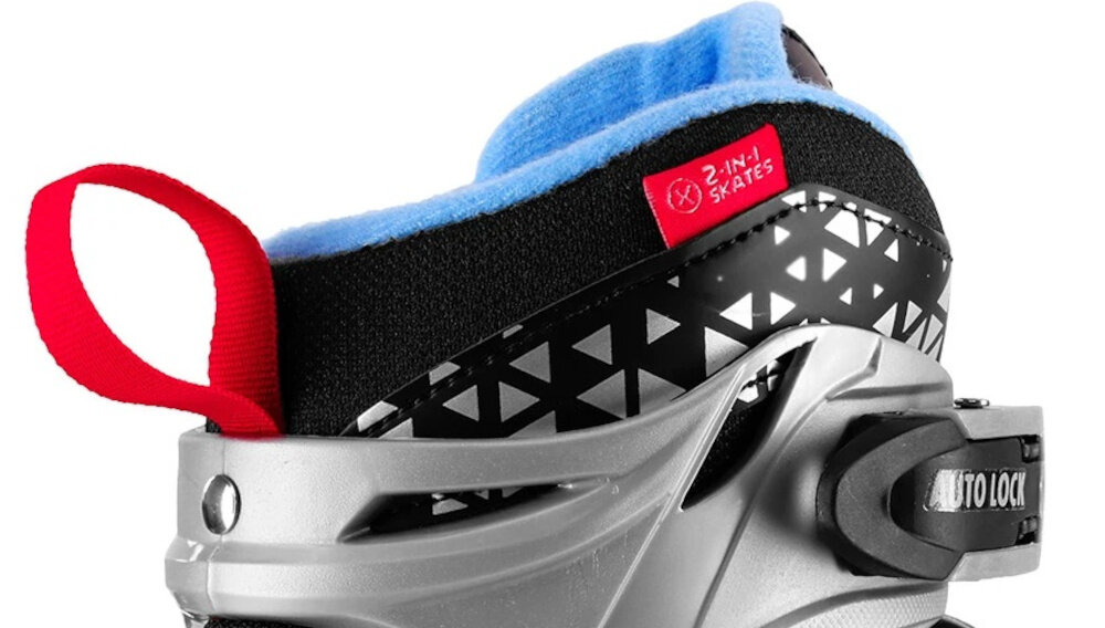 Łyżworolki NILS EXTREME Brave NH18190A 2w1 (rozmiar 29-33) Czarno-różowy zbliżenie na tasiemkę białe tło praktyczna tasiemka do przenoszenia z tyłu buta ułatwia transport i szybkie zabranie sprzętu w dowolne miejsce zwiększa komfort przygotowania do jazdy oszczędza czas sprzęt pod ręką