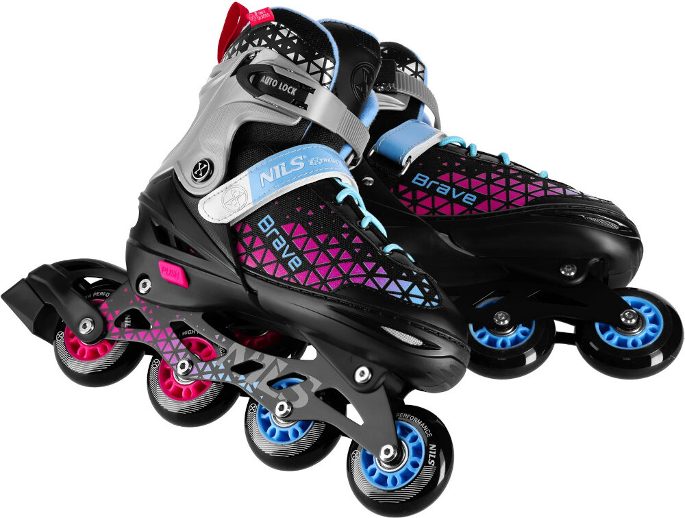 Łyżworolki NILS EXTREME Brave NH18190A 2w1 (rozmiar 29-33) Czarno-różowy para łyżworolek na białym tle jedna łyżworolka leży delikatnie na drugiej możliwość regulacji długości wkładki w zakresie 18–21 cm można dopasować rozmiar do rosnącej stopy wygoda lepsze przenoszenie siły większa kontrola nad jazdą w rozmiarze 29-33