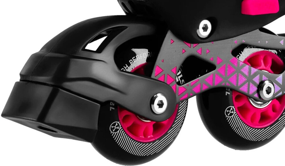 Łyżworolki NILS EXTREME Brave NH18190A 2w1 (rozmiar 29-33) Czarno-różowy białe tło zbliżenie na hamulec hamulec nożny (w wersji rolkowej) pełna kontrola nad zatrzymywaniem się możesz pewnie manewrować minimalizując ryzyko wypadków zwiększając komfort jazdy zgodność z normą PN-EN 13843:2009 bezpieczeństwo i jakość wykonania minimalizując ryzyko urazów wynikających z wad konstrukcyjnych lub materiałowych