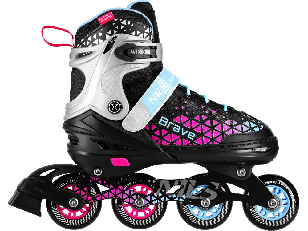 Łyżworolki NILS EXTREME Brave NH18190A 2w1 (rozmiar 29-33) Czarno-różowy łyżworolka na białym tle widoczna z boku profilowana wkładka z lekkiego materiału EVA wysoki komfort użytkowania skuteczniej amortyzuje wstrząsy zmniejsza zmęczenie stóp i poprawia stabilność