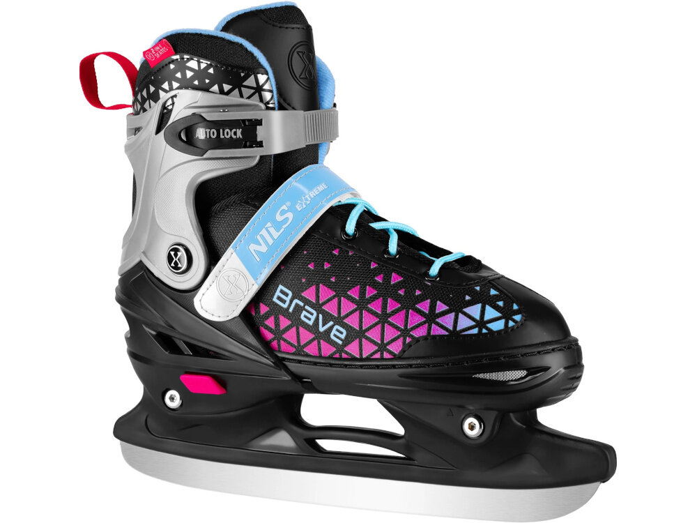 Łyżworolki NILS EXTREME Brave NH18190A 2w1 (rozmiar 29-33) Czarno-różowy łyżworolka na białym tle widoczna od przodu pod skosem założona płoza klasyczna płoza łyżwy wykonana ze stali nierdzewnej sprzęt do zimowych warunków stal nierdzewna umożliwia płynny ślizg odporność na korozję