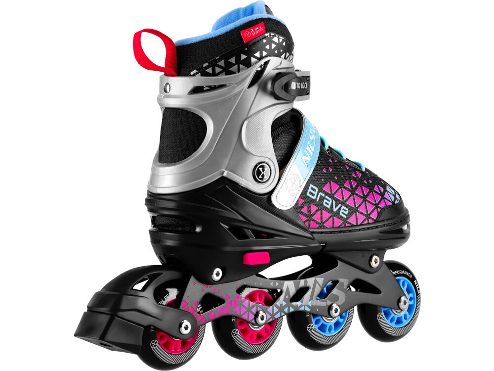 Łyżworolki NILS EXTREME Brave NH18190A 2w1 (rozmiar 29-33) Czarno-różowy łyżworolka na białym tle widoczna od tyłu pod skosem układ kółek PU o twardości 82A i rozmiarze 64 mm łożyska ABEC-7 stabilna dynamiczna jazda ułatwia utrzymanie równowagi wpływa na płynność toczenia sprawnie reagować na zmiany kierunku