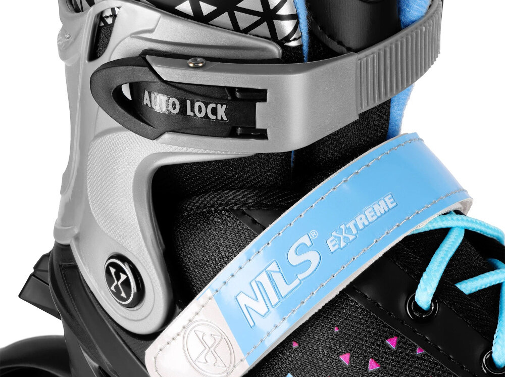 Łyżworolki NILS EXTREME Brave NH18190A 2w1 (rozmiar 29-33) Czarno-różowy białe tło zbliżenie na klamrę i sznurowadła system zapięcia oparty na klamrze, pasku na rzep i sznurówkach precyzyjne dopasowanie do stopy stabilizuje nogę ogranicza jej przesuwanie się poprawia komfort zwiększa poczucie kontroli