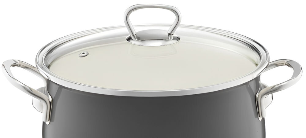 Garnek EMALIA OLKUSZ 35232 22 cm Szary garnek uchwyty białe tło pokrywka otwór wentylacyjny uchwyt na pokrywce średnica 22 cm pojemność 3,6 litra trwałość wygoda użytkowania solidna konstrukcja wytrzymały powierzchnia emaliowana odporna na korozję nie wchodzi w reakcje z jedzeniem bezpieczne przygotowywanie zdrowych posiłków pokrywka z otworem wentylacyjnym kontrolowanie pary zapobieganie wykipieniu komfort użytkowania na wszystkich rodzajach kuchenek indukcyjnych wszechstronne narzędzie