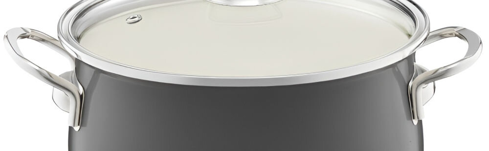 Garnek EMALIA OLKUSZ 35232 22 cm Szary garnek uchwyty szary kolor białe tło stylowy szary kolor do klasycznych do współczesnych wnętrz minimalistyczny design staranne wykończenie świetnie się prezentuje Stylowy wygląd praktyczność – wygodne uchwyty bezpieczne przenoszenie dopasowana pokrywka optymalna temperatura aromat potraw elegancja maksymalna funkcjonalność