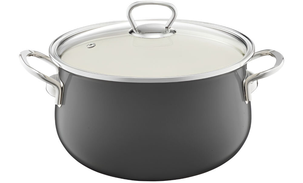 Garnek EMALIA OLKUSZ 35233 Szary 14 cm garnek pokrywka uchwyt na pokrywce otwór wentylacyjny uchwyty białe tło do każdej kuchni