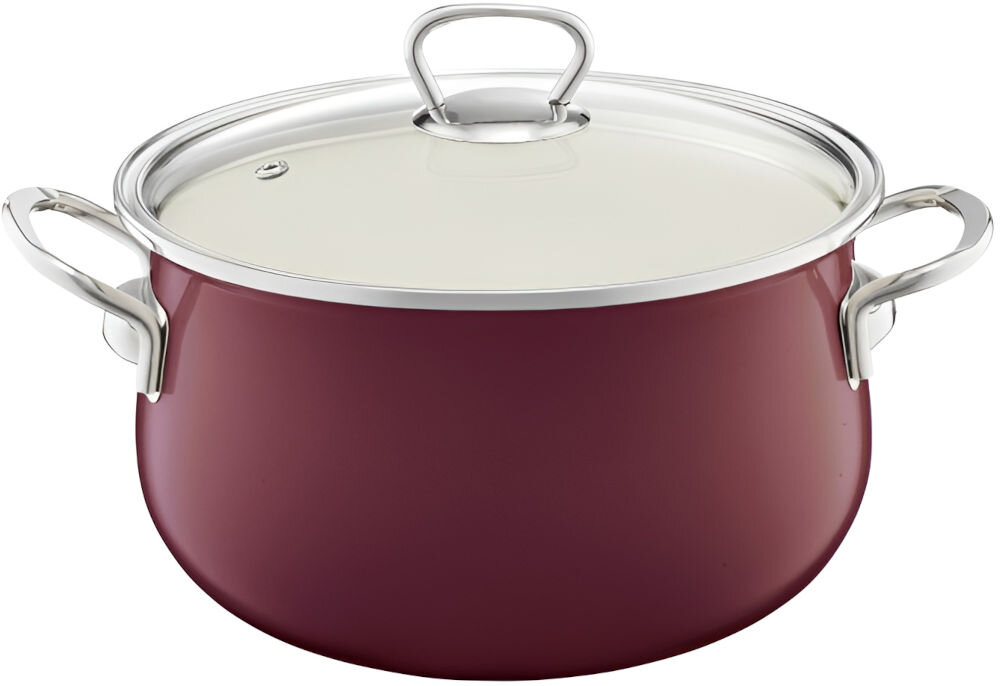 Garnek EMALIA OLKUSZ 35236 Bordowy 20 cm garnek pokrywka uchwyt na pokrywce otwór wentylacyjny uchwyty białe tło do każdej kuchni