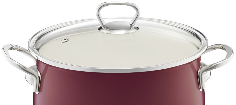 Garnek EMALIA OLKUSZ 35236 Bordowy 20 cm garnek uchwyty białe tło pokrywka otwór wentylacyjny uchwyt na pokrywce średnica 20 cm pojemność 2,6 litra trwałość wygoda użytkowania solidna konstrukcja wytrzymały powierzchnia emaliowana odporna na korozję nie wchodzi w reakcje z jedzeniem bezpieczne przygotowywanie zdrowych posiłków pokrywka z otworem wentylacyjnym kontrolowanie pary zapobieganie wykipieniu komfort użytkowania na wszystkich rodzajach kuchenek indukcyjnych wszechstronne narzędzie