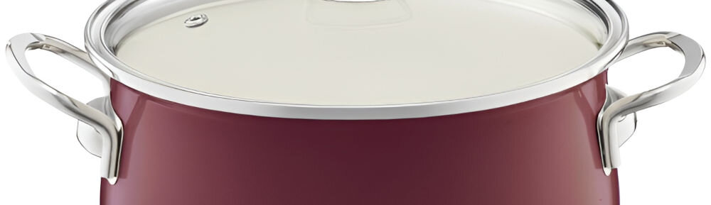 Garnek EMALIA OLKUSZ 35236 Bordowy 20 cm garnek uchwyty bordowy kolor białe tło stylowy bordowy kolor do klasycznych do współczesnych wnętrz minimalistyczny design staranne wykończenie świetnie się prezentuje Stylowy wygląd praktyczność – wygodne uchwyty bezpieczne przenoszenie dopasowana pokrywka optymalna temperatura aromat potraw elegancja maksymalna funkcjonalność