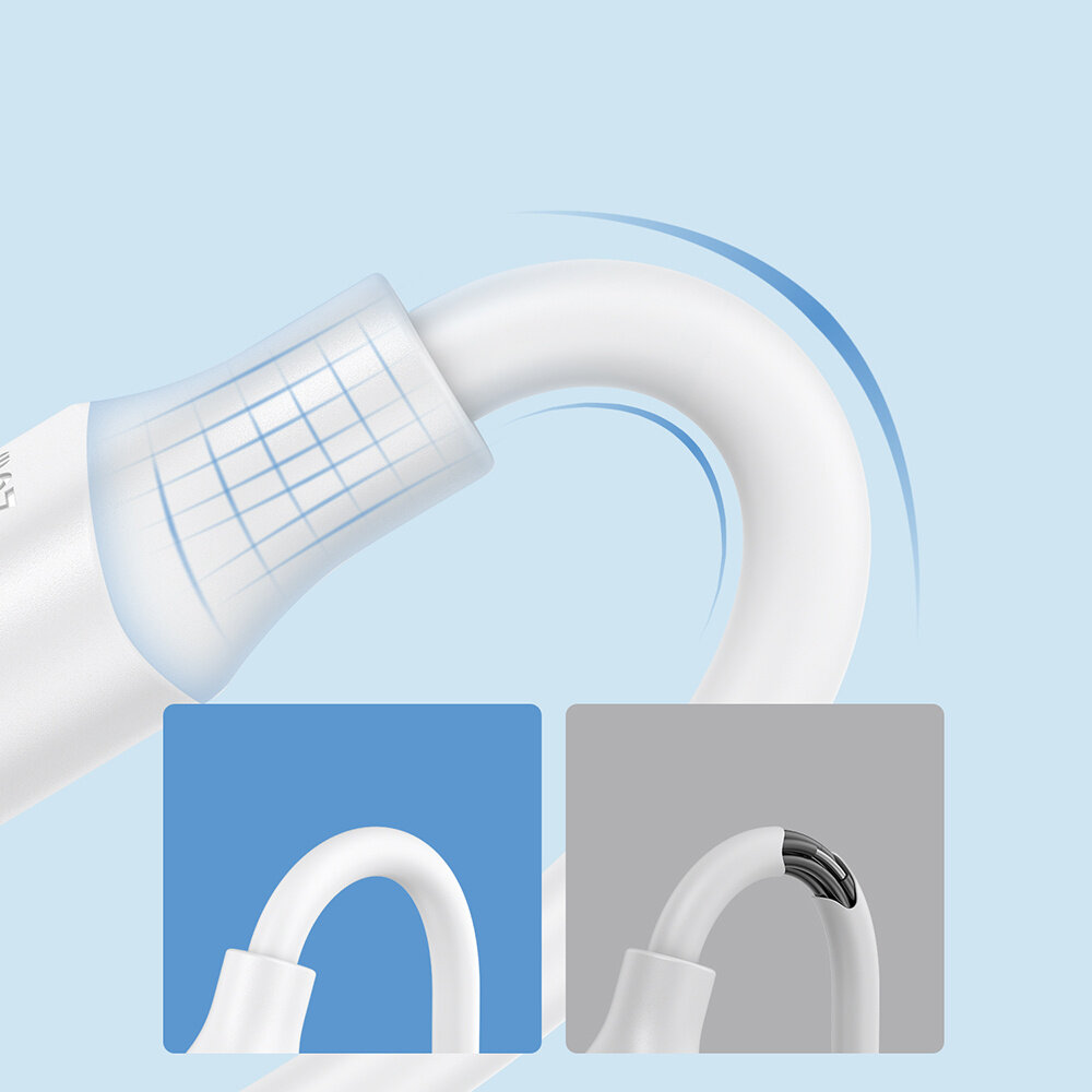 Obraz przedstawia biały kabel USB z elastycznym zgięciem, na jasnoniebieskim tle. Dwa małe kwadratowe wstawki pokazują zbliżenia kabla w różnych kolorach tła.