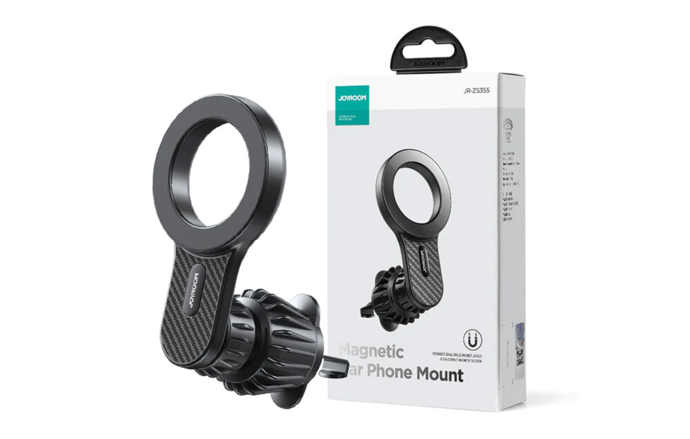 Obraz przedstawia czarny magnetyczny uchwyt samochodowy na kratkę oraz jego opakowanie z napisem \'Magnetic Car Phone Mount\'. Na opakowaniu widoczne jest logo \'JOYROOM\'.