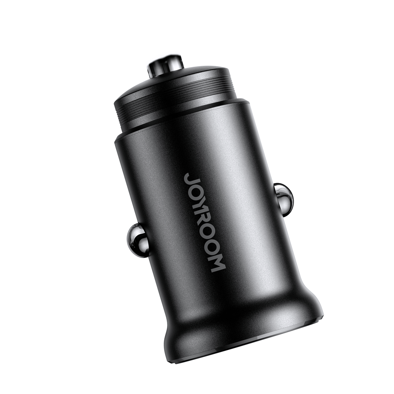 Czarna, metalowa ładowarka samochodowa z logo \'JOYROOM\' na obudowie. Posiada dwa porty USB-C.