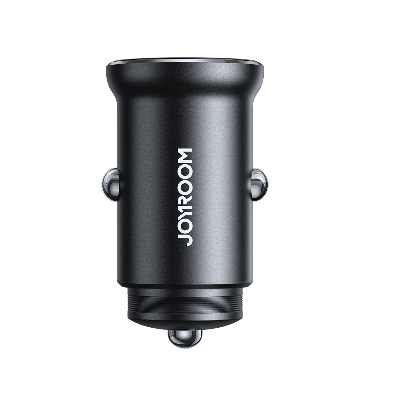 Czarna, metalowa ładowarka samochodowa z logo \'JOYROOM\' na obudowie. Posiada dwa porty USB-C.