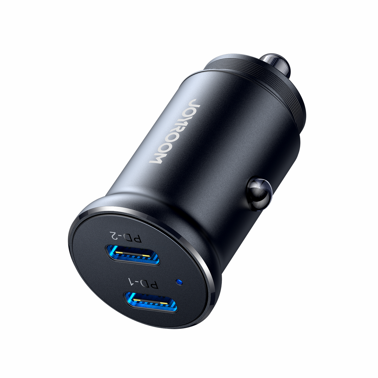 Czarna, metalowa ładowarka samochodowa z dwoma portami USB-C oznaczonymi jako PD-1 i PD-2. Na obudowie widoczne jest logo \'JOYROOM\'.
