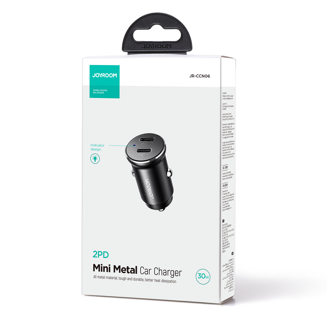 Opakowanie produktu z napisem \'Mini Metal Car Charger\' oraz logo \'JOYROOM\'. Widoczny jest obrazek metalowej ładowarki samochodowej z dwoma portami USB-C.