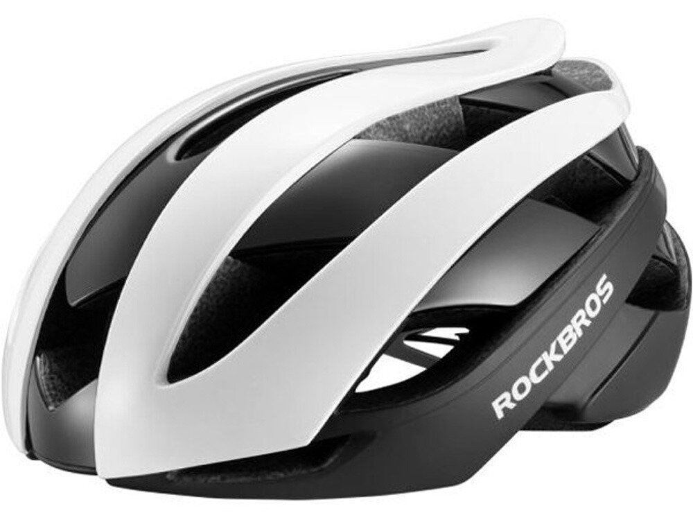 Kask rowerowy w kolorze biało-czarnym z widocznym logo ROCKBROS. Ma aerodynamiczny kształt z otworami wentylacyjnymi.