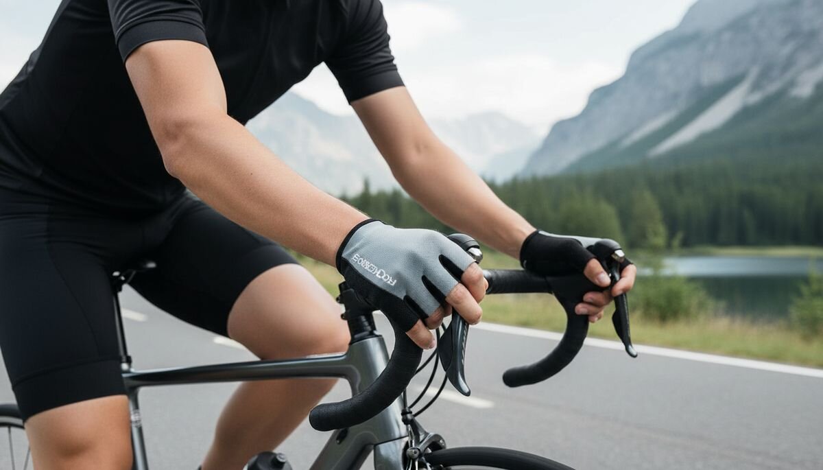 Rękawiczki rowerowe ROCKBROS S099GR (rozmiar M), Rękawiczki, rower, chwyt, komfort, Rowerzysta na rowerze szosowym w górskiej scenerii.